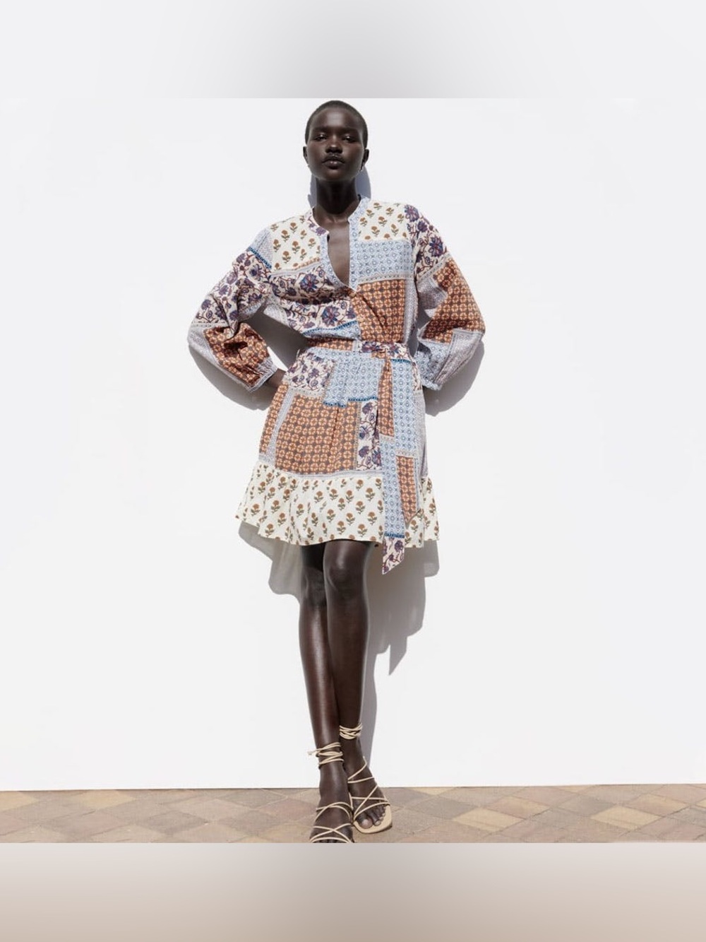 Zara Patchwork Mini Dress in Blue, Brown and Cream